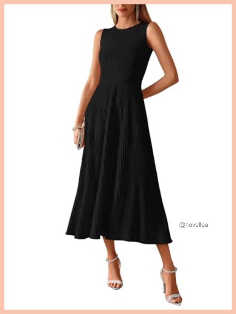 Midi Bodycon Tank Dress Sleeveless Rib Knit A-Line Pleated